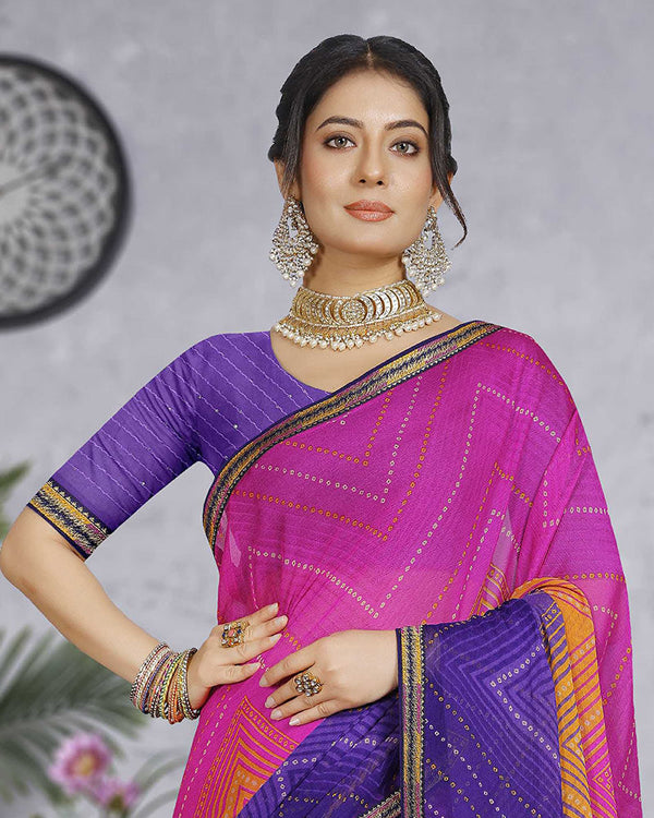 Vishal Prints Fuchsia Chiffon Lehriya Print Saree With Fancy Border