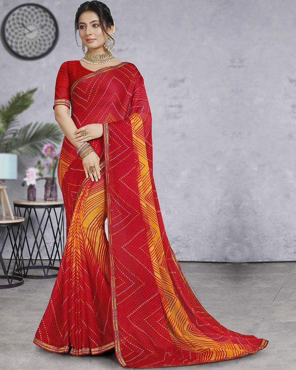 Vishal Prints Cherry Red Chiffon Lehriya Print Saree With Fancy Border