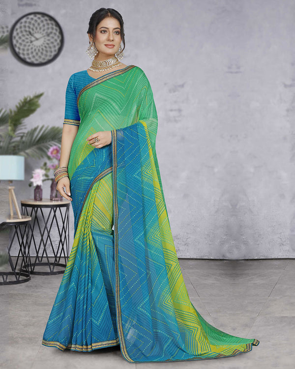 Vishal Prints Dark Mint Green Chiffon Lehriya Print Saree With Fancy Border