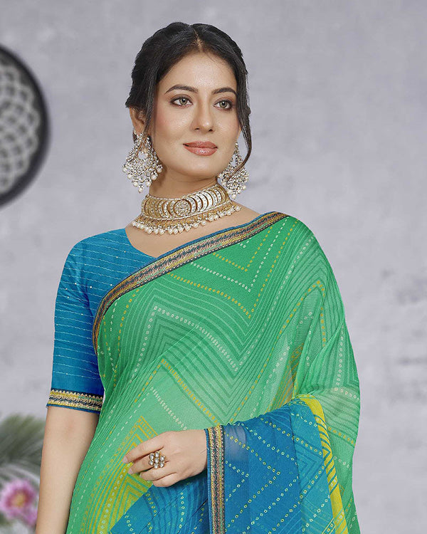 Vishal Prints Dark Mint Green Chiffon Lehriya Print Saree With Fancy Border