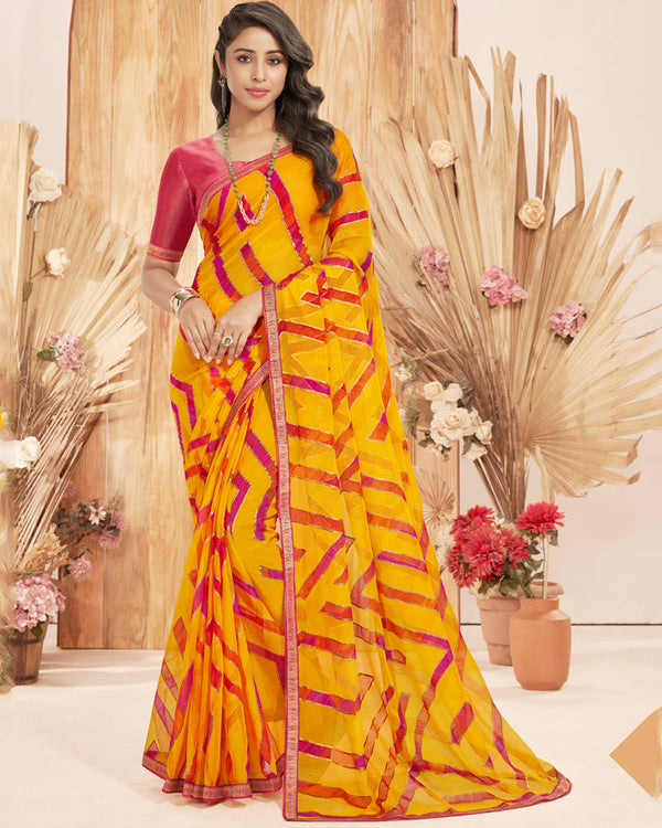 Vishal Prints Dark Yellow Designer Chiffon Brasso Saree With Foil Print And Zari Border