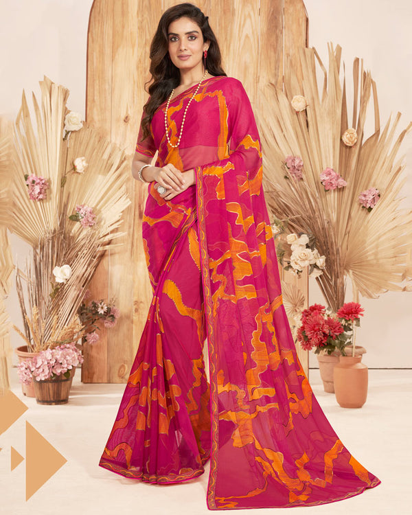 Vishal Prints Cerise Red Designer Chiffon Brasso Saree With Foil Print And Zari Border