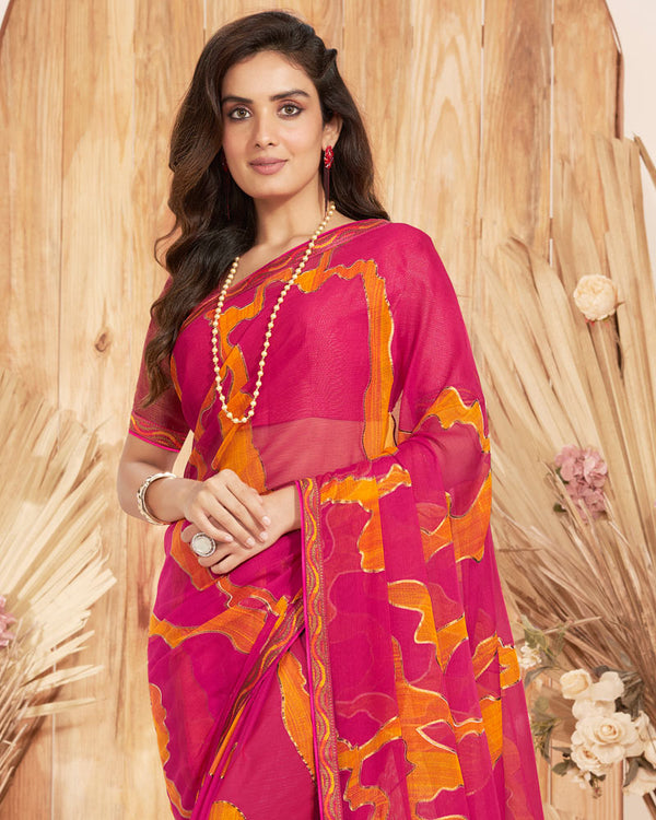 Vishal Prints Cerise Red Designer Chiffon Brasso Saree With Foil Print And Zari Border