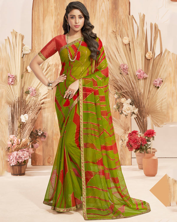 Vishal Prints Mehandi Green Designer Chiffon Brasso Saree With Foil Print And Zari Border