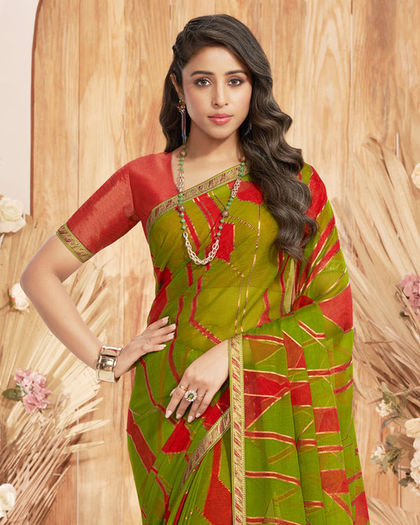 Vishal Prints Mehandi Green Designer Chiffon Brasso Saree With Foil Print And Zari Border