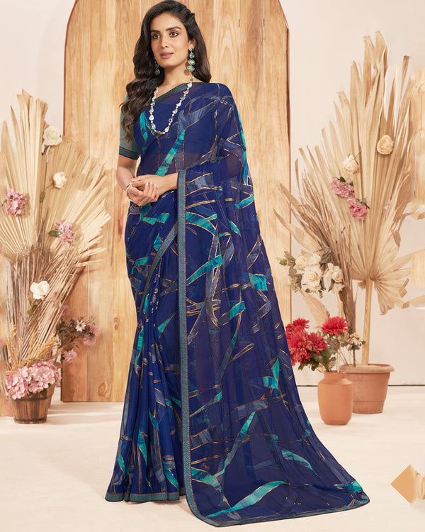 Vishal Prints Navy Blue Designer Chiffon Brasso Saree With Foil Print And Zari Border