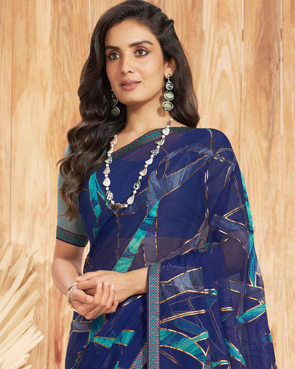 Vishal Prints Navy Blue Designer Chiffon Brasso Saree With Foil Print And Zari Border