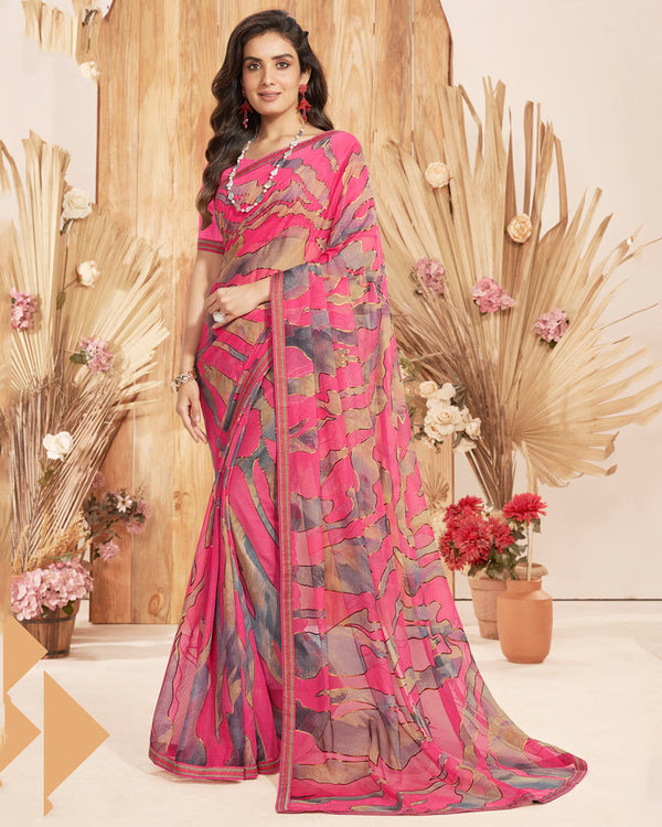 Vishal Prints Dark Pink Designer Chiffon Brasso Saree With Foil Print And Zari Border