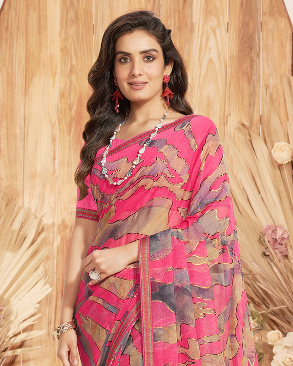 Vishal Prints Dark Pink Designer Chiffon Brasso Saree With Foil Print And Zari Border