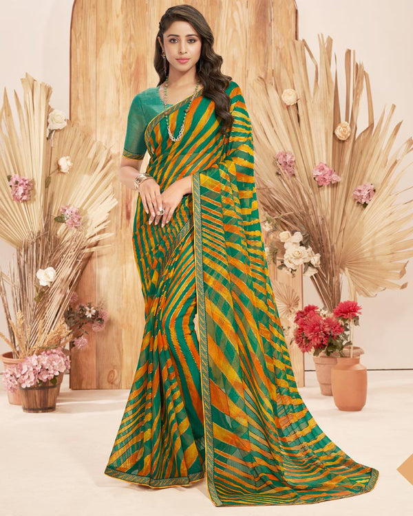 Vishal Prints Dark Teal Green Designer Chiffon Brasso Saree With Foil Print And Zari Border