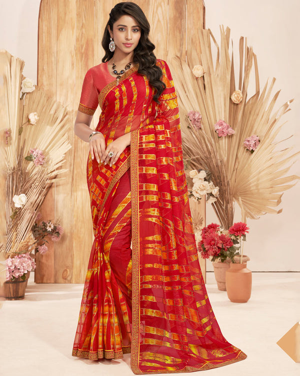 Vishal Prints Cherry Red Designer Chiffon Brasso Saree With Foil Print And Zari Border