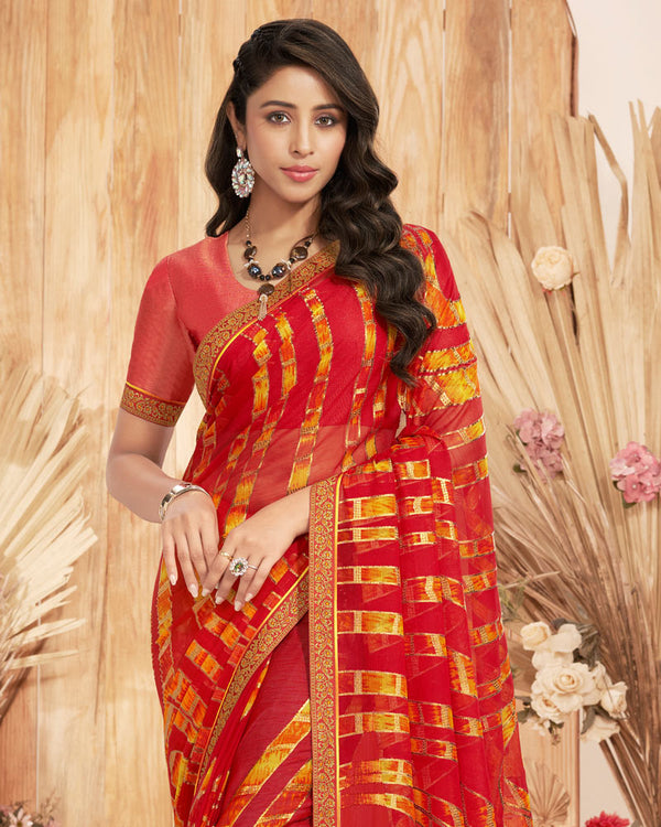 Vishal Prints Cherry Red Designer Chiffon Brasso Saree With Foil Print And Zari Border