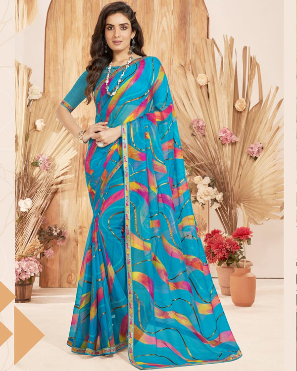 Vishal Prints Bondi Blue Designer Chiffon Brasso Saree With Foil Print And Zari Border