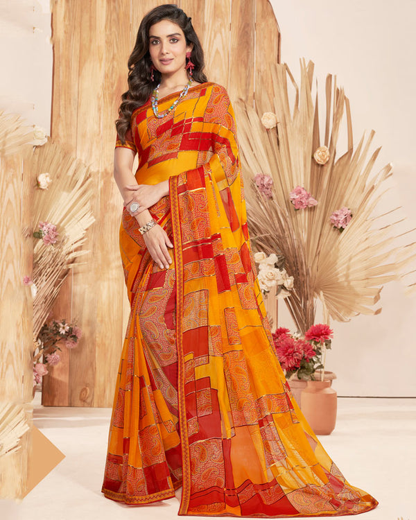 Vishal Prints Yellowish Orange Designer Chiffon Brasso Saree With Foil Print And Zari Border