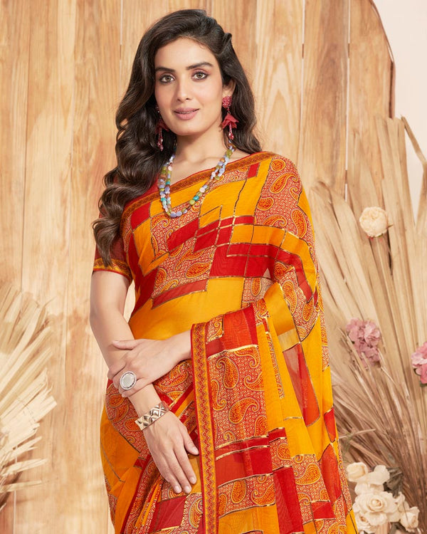 Vishal Prints Yellowish Orange Designer Chiffon Brasso Saree With Foil Print And Zari Border