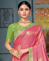 Vishal Prints Cherry Pink Designer Dola Silk Saree With Weaving-Diamond Work And Tassel