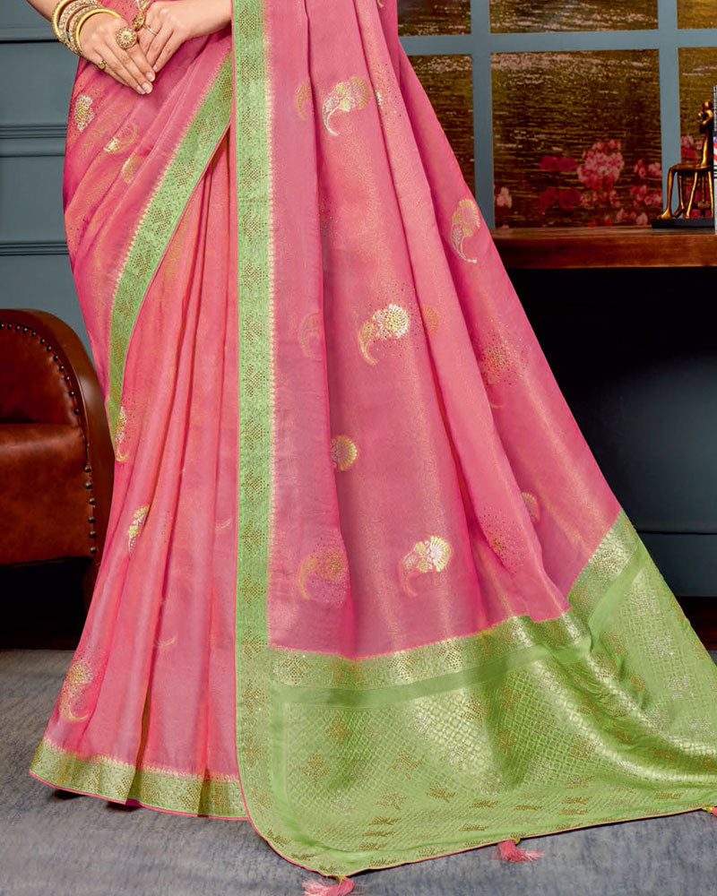 Vishal Prints Cherry Pink Designer Dola Silk Saree With Weaving-Diamond Work And Tassel