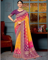 Vishal Prints Dark Yellow Designer Dola Silk Saree With Weaving-Diamond Work And Tassel