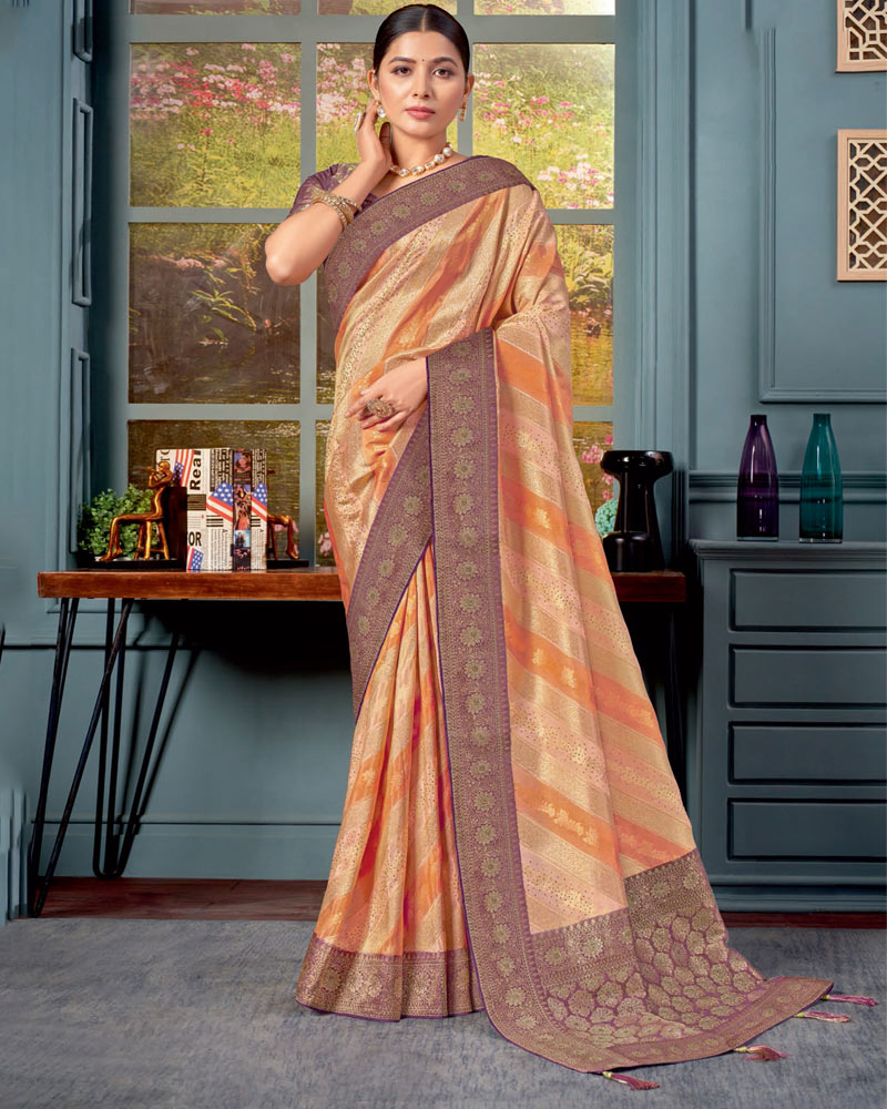 Vishal Prints Pastel Peach Designer Dola Silk Saree With Weaving-Diamond Work And Tassel