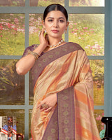 Vishal Prints Pastel Peach Designer Dola Silk Saree With Weaving-Diamond Work And Tassel