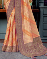 Vishal Prints Pastel Peach Designer Dola Silk Saree With Weaving-Diamond Work And Tassel