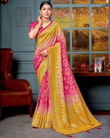 Vishal Prints Red Pink Designer Dola Silk Saree With Weaving-Diamond Work And Tassel