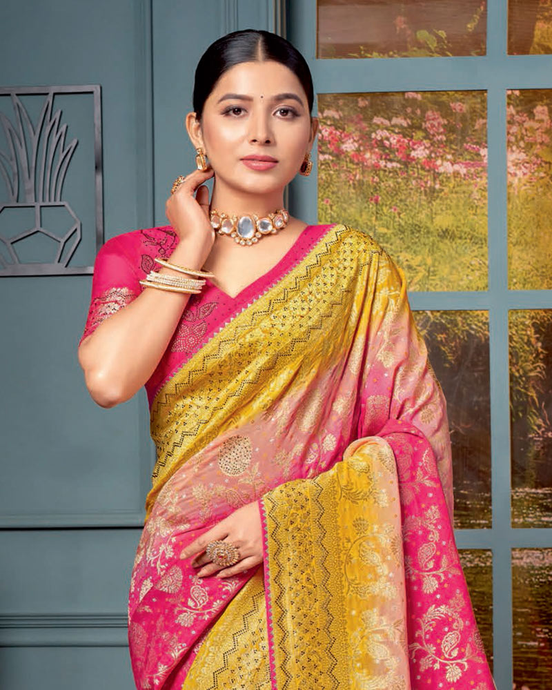 Vishal Prints Red Pink Designer Dola Silk Saree With Weaving-Diamond Work And Tassel