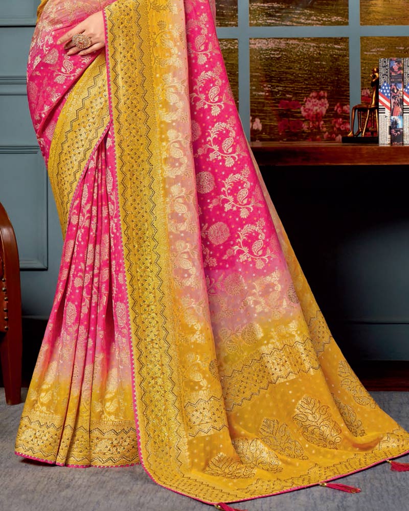 Vishal Prints Red Pink Designer Dola Silk Saree With Weaving-Diamond Work And Tassel