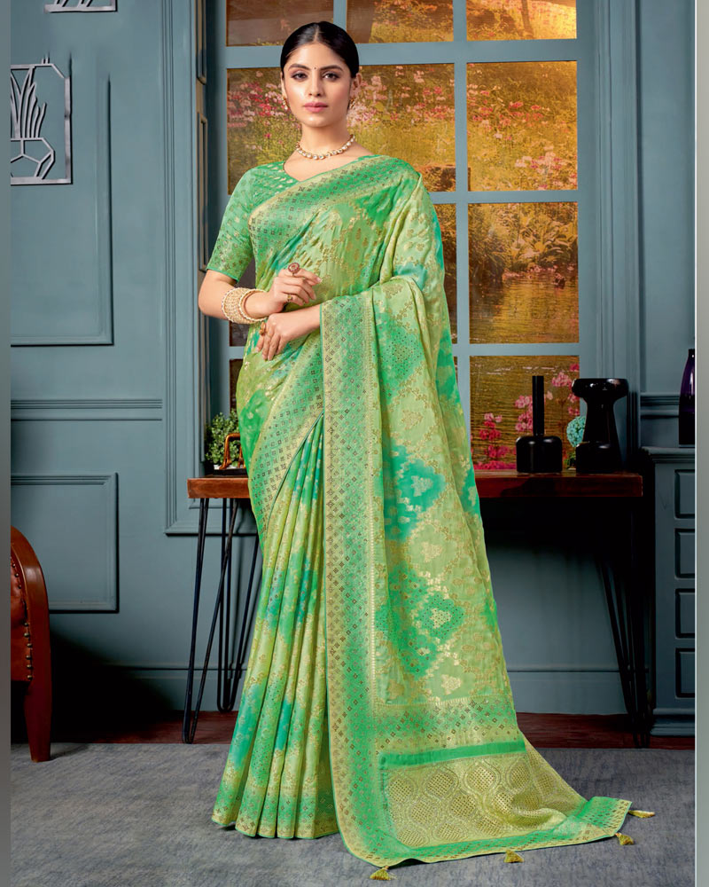 Vishal Prints Dark Mint Green Designer Dola Silk Saree With Weaving-Diamond Work And Tassel