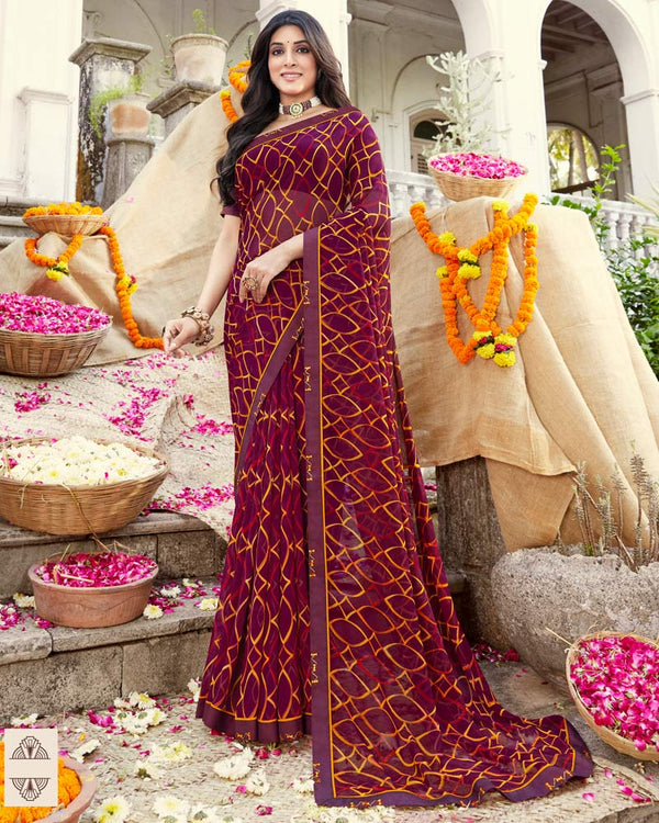 Vishal Prints Wine Printed Georgette Saree With Fancy Border