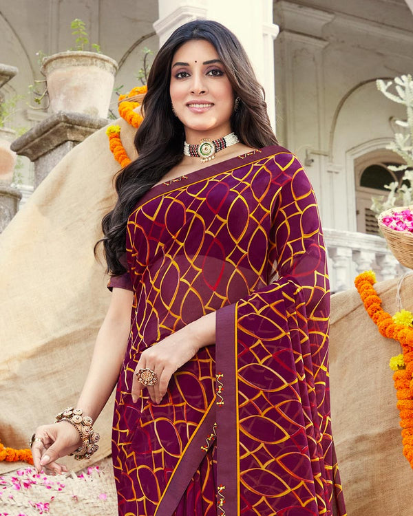 Vishal Prints Wine Printed Georgette Saree With Fancy Border