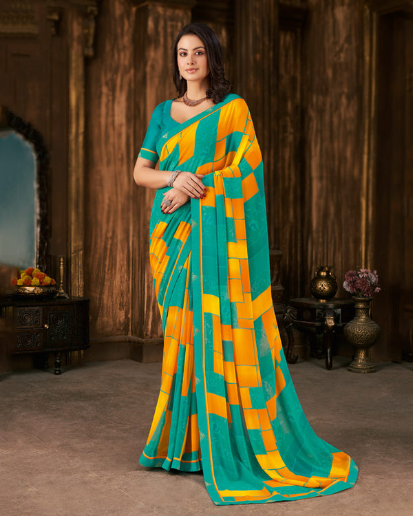 Vishal Prints Teal Green Printed Georgette Saree With Fancy Border