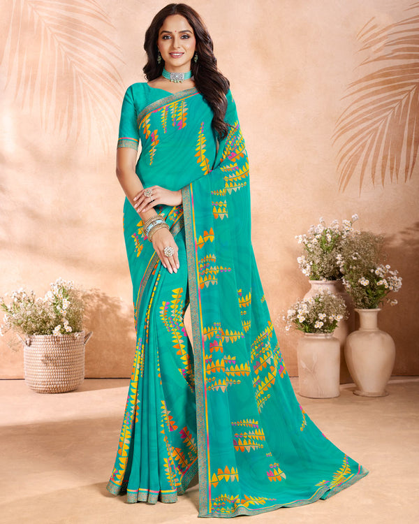 Vishal Prints Teal Blue Printed Georgette Saree With Fancy Border