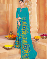 Vishal Prints Dark Turquoise Blue Printed Georgette Saree With Fancy Border