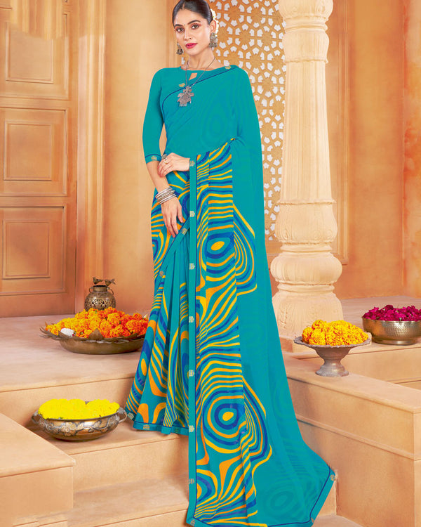 Vishal Prints Dark Turquoise Blue Printed Georgette Saree With Fancy Border