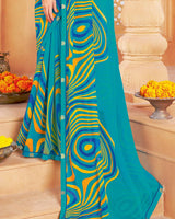 Vishal Prints Dark Turquoise Blue Printed Georgette Saree With Fancy Border