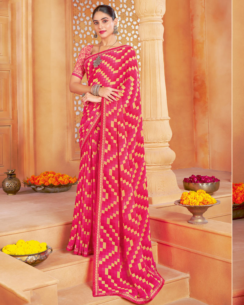 Vishal Prints Red Pink Printed Georgette Saree With Fancy Border