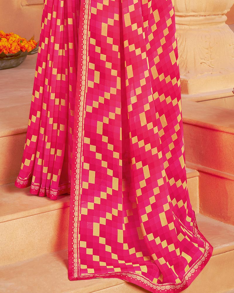 Vishal Prints Red Pink Printed Georgette Saree With Fancy Border