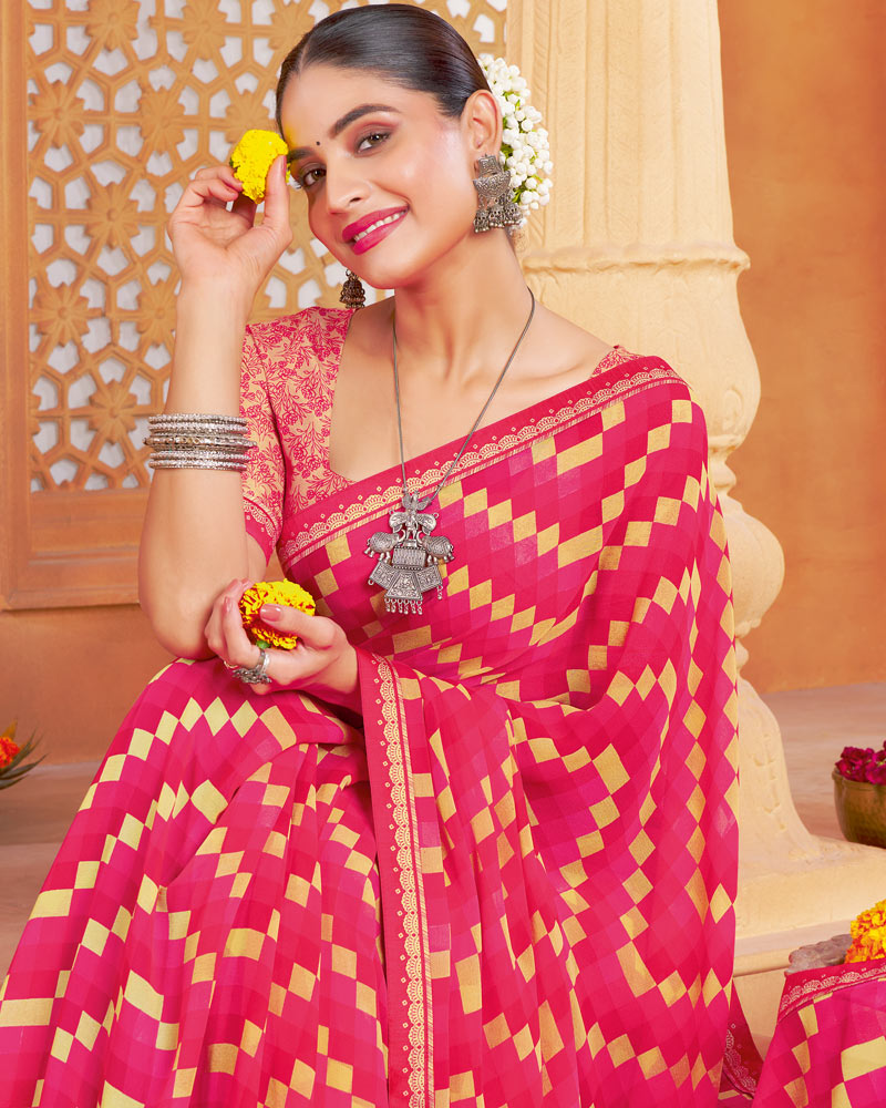 Vishal Prints Red Pink Printed Georgette Saree With Fancy Border