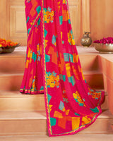 Vishal Prints Pinkish Red Printed Georgette Saree With Fancy Border