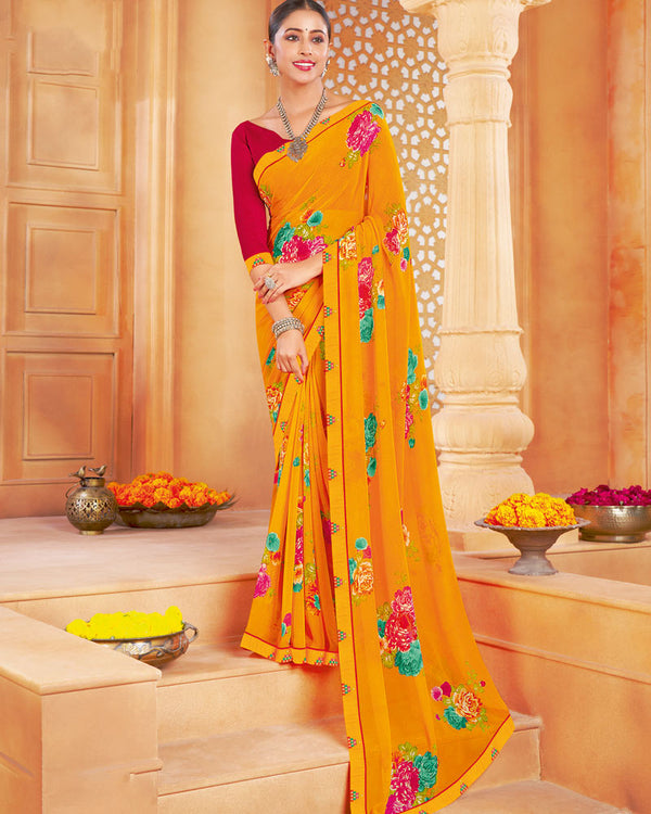 Vishal Prints Saffron Color Printed Georgette Saree With Fancy Border