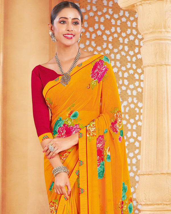 Vishal Prints Saffron Color Printed Georgette Saree With Fancy Border