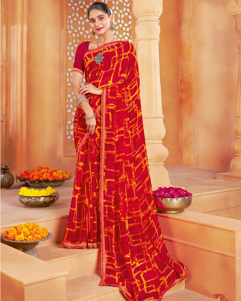 Vishal Prints Dark Red Printed Georgette Saree With Fancy Border