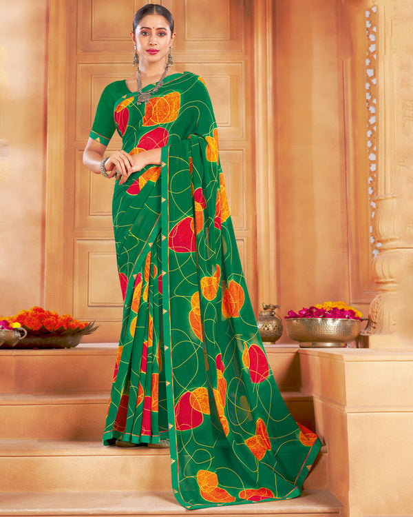 Vishal Prints Dark Green Printed Georgette Saree With Fancy Border