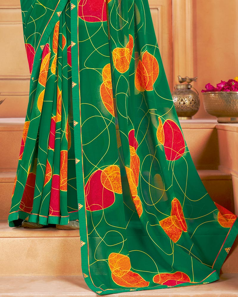 Vishal Prints Dark Green Printed Georgette Saree With Fancy Border