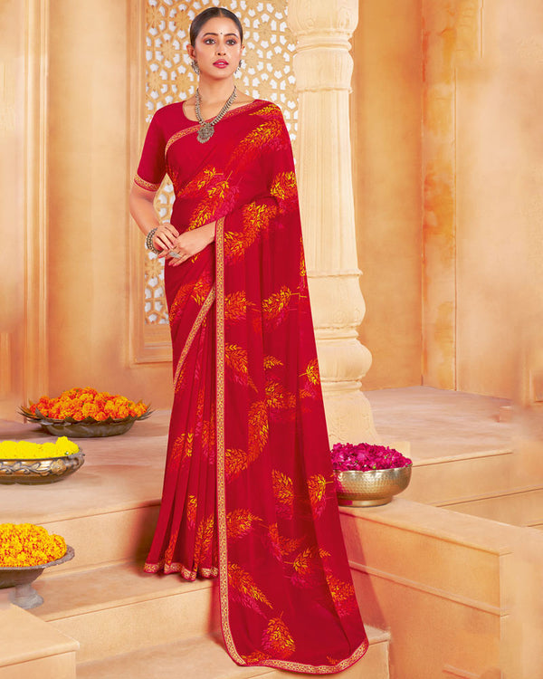 Vishal Prints Cherry Red Printed Georgette Saree With Fancy Border