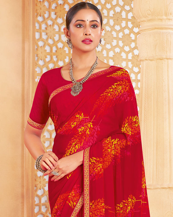 Vishal Prints Cherry Red Printed Georgette Saree With Fancy Border