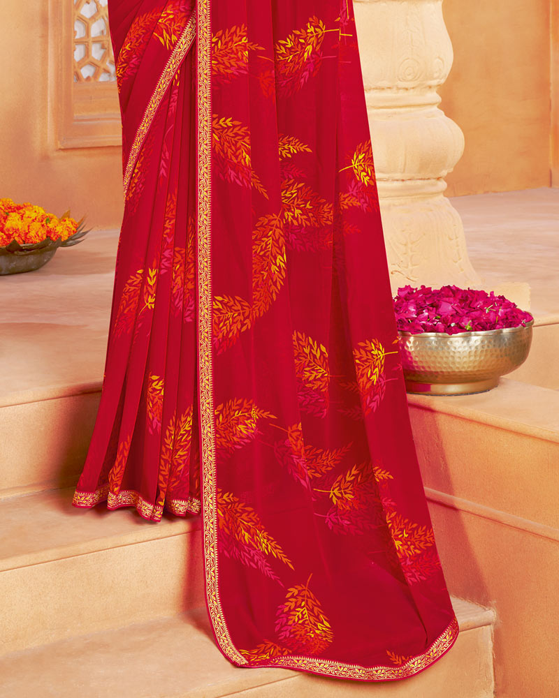 Vishal Prints Cherry Red Printed Georgette Saree With Fancy Border