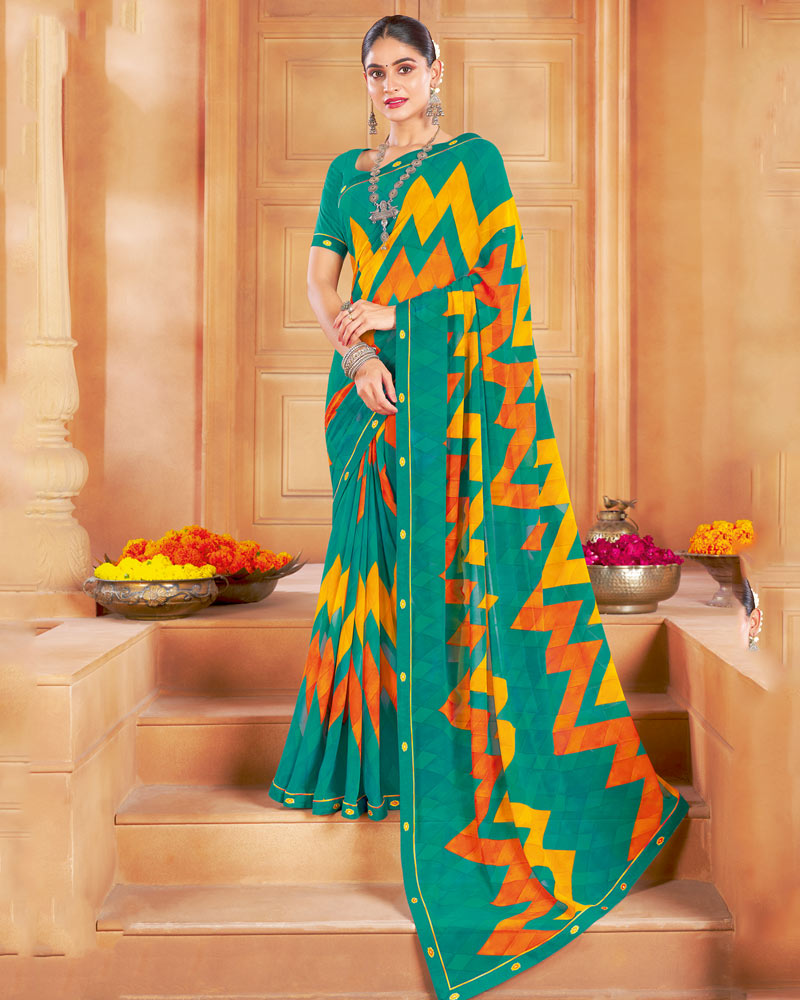 Vishal Prints Teal Green Printed Georgette Saree With Fancy Border