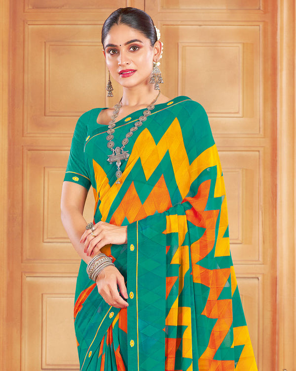 Vishal Prints Teal Green Printed Georgette Saree With Fancy Border